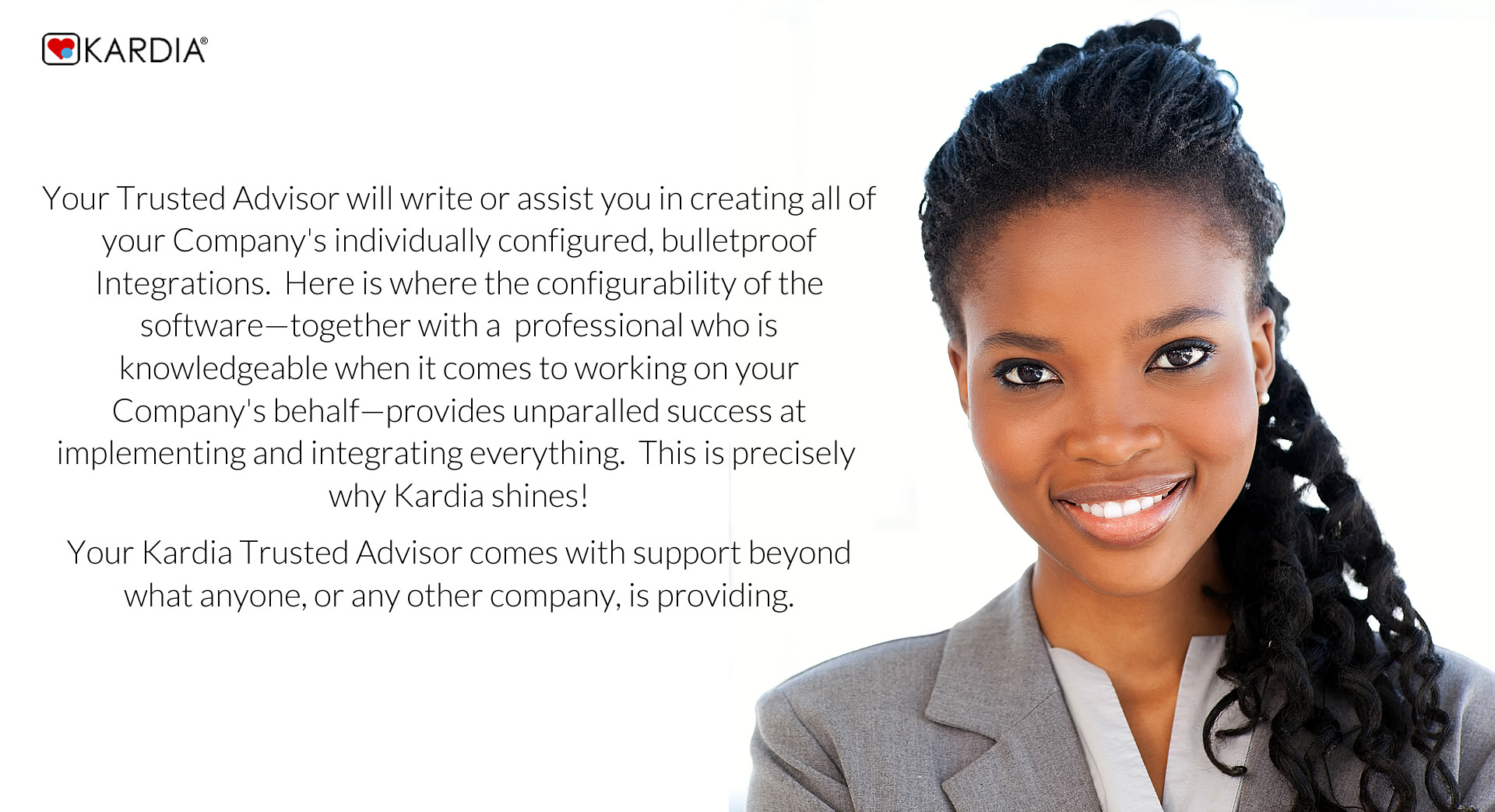 Black Kardia Trusted Woman Advisor with a professional smile on her face
