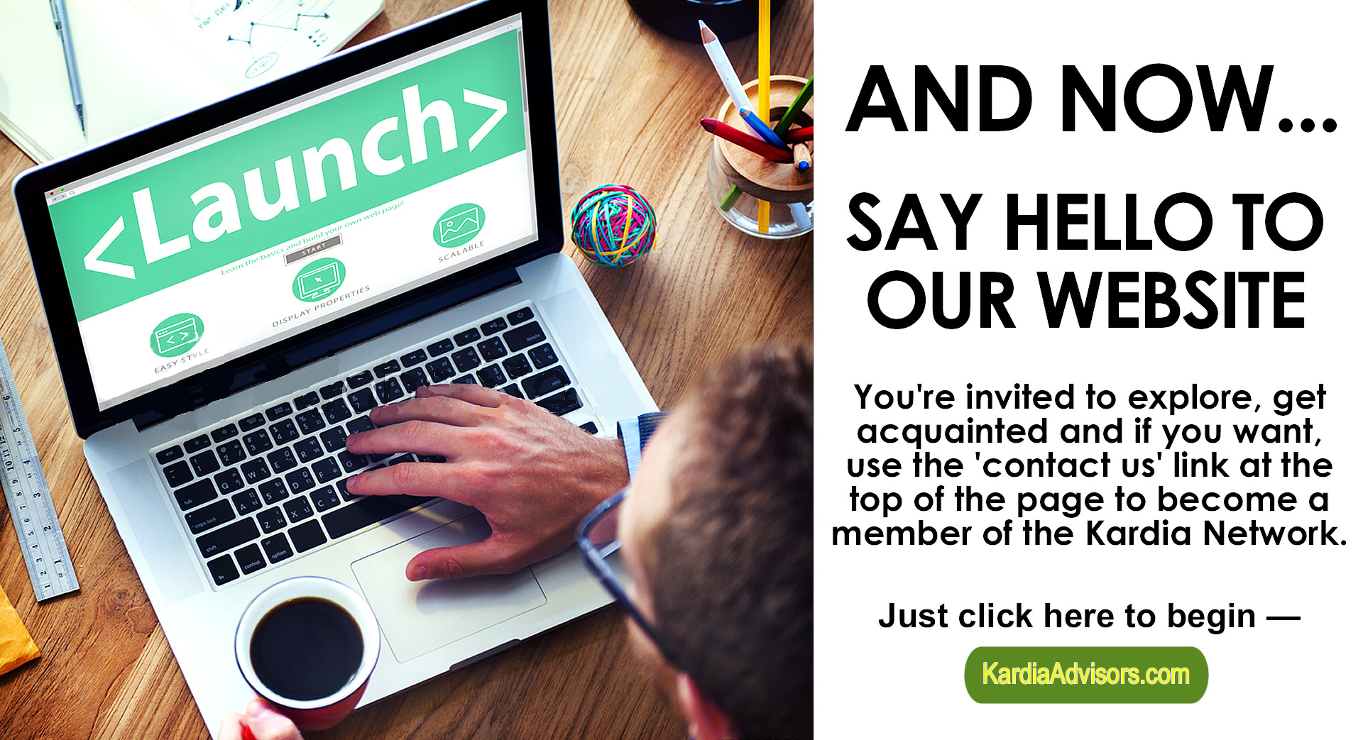 Kardia 'and now say hello to our website' launch on laptop screen